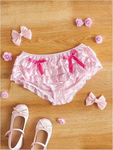 Women's Cute Lace Bow Knot Ruffle Brief Soft Layered Satin Underwear in Saudi Arabia