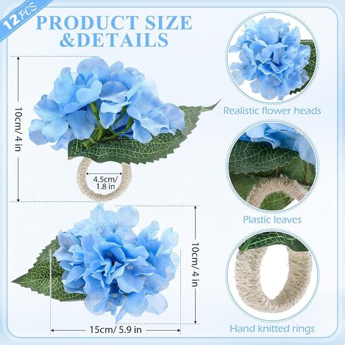 Yunsailing 12 Pcs Hydrangea Flower Napkin Rings Flower Handmade Napkin Holder Rings Floral Handicraft Band for Table Decorations Wedding Anniversary Holiday Birthday Party Supplies (Blue) in Saudi Arabia