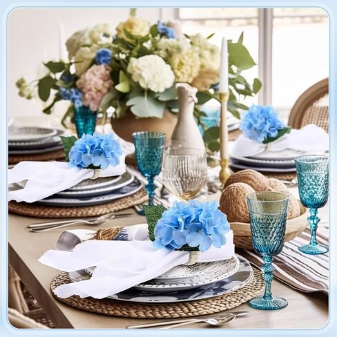Yunsailing 12 Pcs Hydrangea Flower Napkin Rings Flower Handmade Napkin Holder Rings Floral Handicraft Band for Table Decorations Wedding Anniversary Holiday Birthday Party Supplies (Blue) in Saudi Arabia