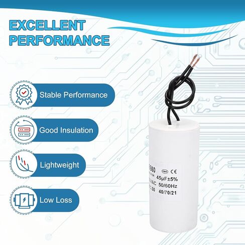 PATIKIL CBB60 45uf Running Capacitor,1Pcs AC 250V 2 Wires 50/60Hz Cylinder White 95x45mm for Water Pumps, Washing Machines Motor Start in Saudi Arabia