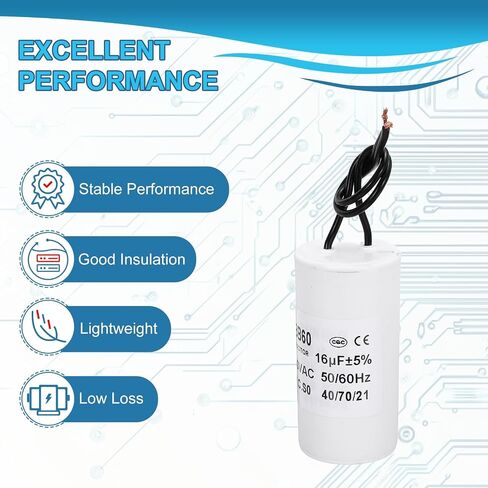 PATIKIL CBB60 45uf Running Capacitor,1Pcs AC 250V 2 Wires 50/60Hz Cylinder White 95x45mm for Water Pumps, Washing Machines Motor Start in Saudi Arabia