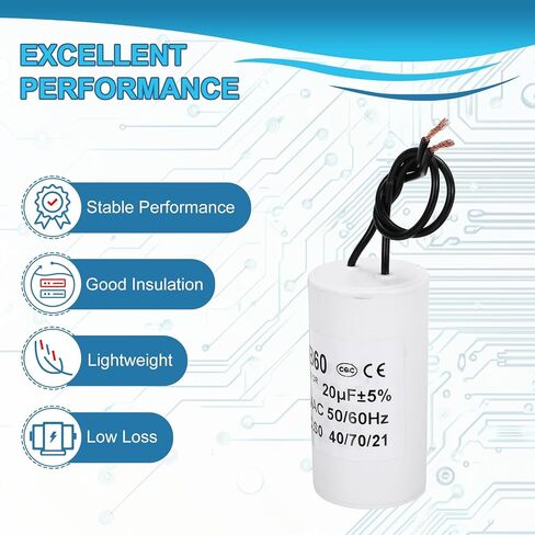 PATIKIL CBB60 45uf Running Capacitor,1Pcs AC 250V 2 Wires 50/60Hz Cylinder White 95x45mm for Water Pumps, Washing Machines Motor Start in Saudi Arabia