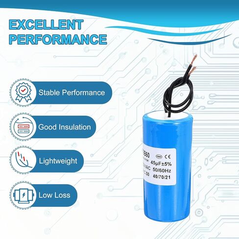 PATIKIL CBB60 45uf Running Capacitor,1Pcs AC 250V 2 Wires 50/60Hz Cylinder Blue 96x45mm for Water Pumps, Washing Machines Motor Start in Saudi Arabia