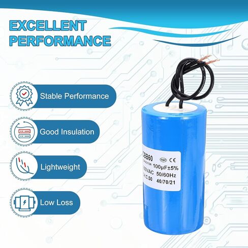 PATIKIL CBB60 45uf Running Capacitor,1Pcs AC 250V 2 Wires 50/60Hz Cylinder Blue 96x45mm for Water Pumps, Washing Machines Motor Start in Saudi Arabia