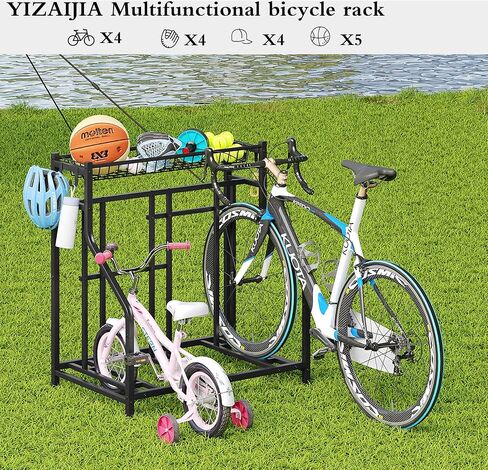 Bike Rack Storage Stand Organizer Floor Holds 4 Bicycle Parking Freestanding Adjustable Garage Indoor Outdoor Bike and Sports Storage Station, Black (4 Bike Stand) in Saudi Arabia