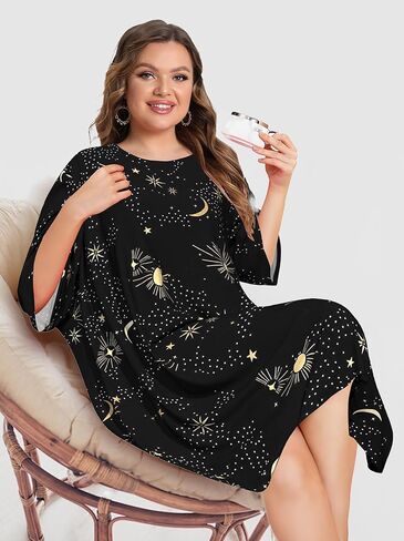 زائد حجم ثوب نوم للنساء ضخم قميص نلي قصير الأكمام لباس موومو فستان مع جيب in Kuwait