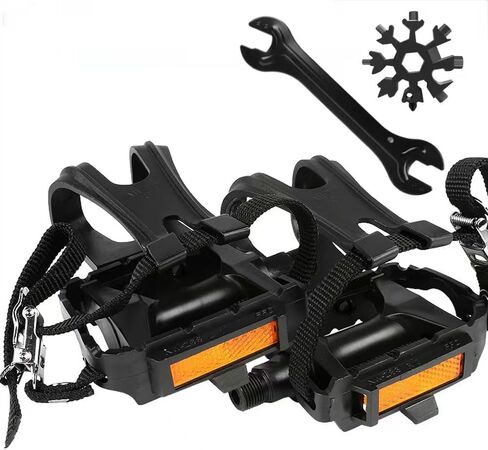 دواسات الدراجة 9/16 "مغزل مع أحزمة قفص من أصابع القدم القابلة للتعديل - سطح محكم للدراجات على الطريق/التمرين/الصالة الرياضية - تشمل أجهزة التثبيت (أسود) in Kuwait