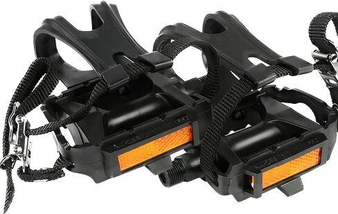 دواسات الدراجة 9/16 "مغزل مع أحزمة قفص من أصابع القدم القابلة للتعديل - سطح محكم للدراجات على الطريق/التمرين/الصالة الرياضية - تشمل أجهزة التثبيت (أسود) in Kuwait