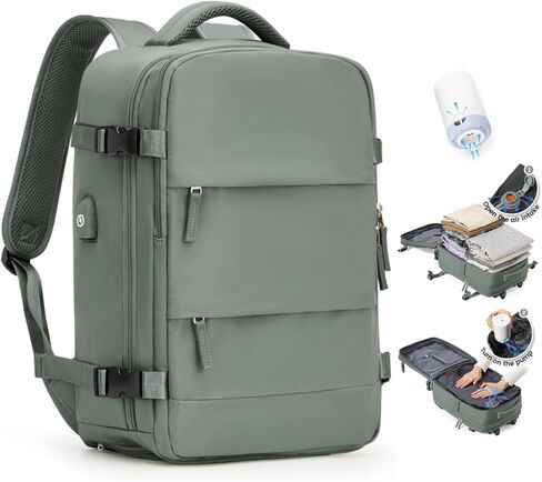 Vacuum Backpack Travel with Pump for Women, Personal Item Carry on Backpack Flight Approved 18x14x8 inches for Men, Waterproof Work Laptop Casual Daypack - Green in Saudi Arabia