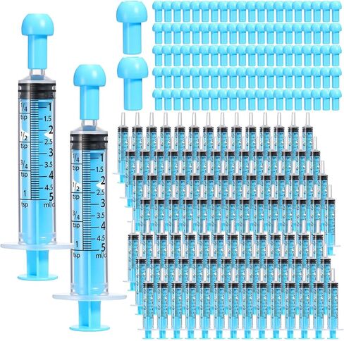 Trelaco 100 Pack 5 مل محاقن عن طريق الفم مع قبعات ، محقنة بلاستيكية ملونة لا توجد إبرة للسائل ، الطب ، تغذية الحيوانات الأليفة ، DIY ، الحفلة ، العودة إلى المدرسة ، الحرفية ، مغلقة بشكل فردي وملف (أزرق) in Saudi Arabia