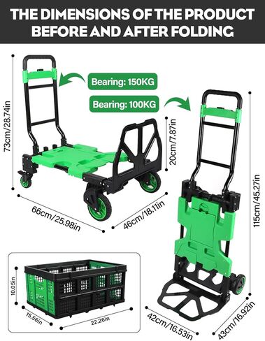 Lanstics Folding Hand Truck, Multi-Functional Collapsible Shopping Cart with Basket, Green Storage Wagon Cart Folding Trolley for Groceries Shop Warehouse Use Portable Carts for Picnic Camp in Saudi Arabia