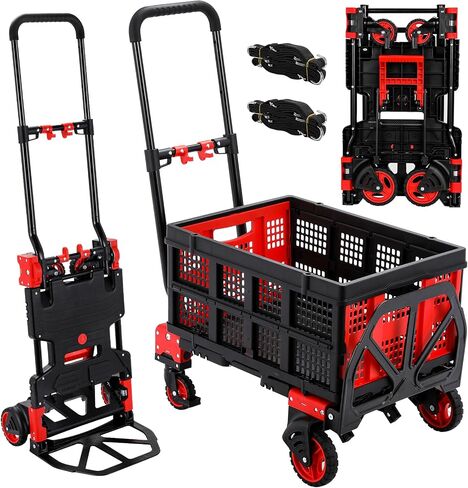 2-in-1 Hand Truck with 22’’ Folding Basket, 330LBS Platform Cart Dolly, Collapsible Utility Luggage Dolly Cart, W/Retractable Handle, 360° Dual 5’‘ Wheels, 2 Elastic Ropes (Red) in Saudi Arabia