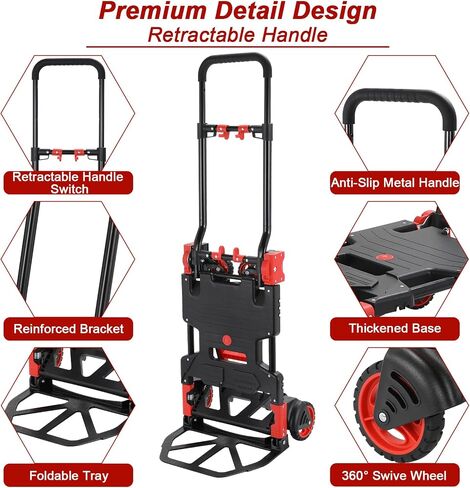 2-in-1 Hand Truck with 22’’ Folding Basket, 330LBS Platform Cart Dolly, Collapsible Utility Luggage Dolly Cart, W/Retractable Handle, 360° Dual 5’‘ Wheels, 2 Elastic Ropes (Red) in Saudi Arabia