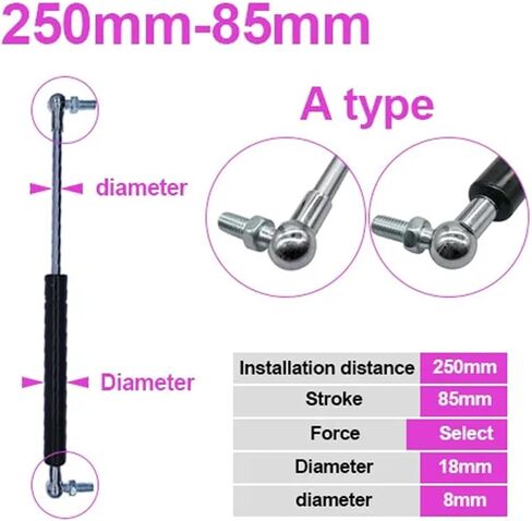 18 * 8 قضيب غاز زنبرك قابلة للطي مقصورة 50n-500n/5kg-50kg دعم رفع القوة مسافة السكتة الدماغية مسافة 85 مم الوسط مسافة 250 مم (نوع ، 100n) in Kuwait