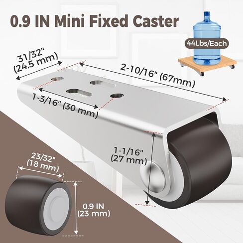 Mini Low Profile Fixed Caster Wheels, Side Mount Caster Fit for Wooden Furniture, Cabinets, and Underbed Drawers - 0.9 Inch Silent Rubber Rolling Wheel with Screws (2) in Saudi Arabia