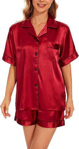 GAESHOW Satin Pajamas for Women, Short Sleeve Silk Pajama Set with Shorts Two Piece Pj Sets Button-Down Sleepwear Loungewear in Kuwait