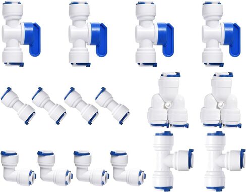 3/8" OD Quick Connect Push in to Connect Water Tube Fitting for RO Reverse Osmosis Water Filter (Ball Valve + T + I + L + Y, 16 Pack),White in Kuwait