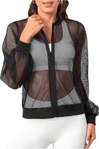Milumia Women's Zip Up Fishnet Sheer Long Sleeve Stand Collar Short Bomber Jacket in Saudi Arabia
