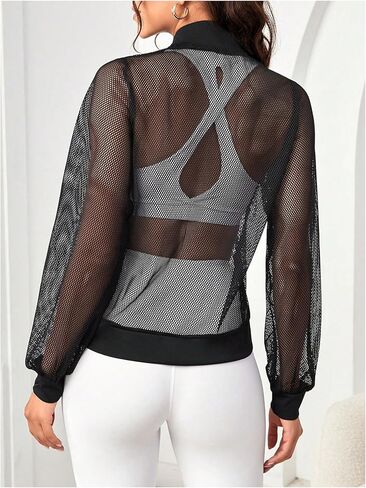 Milumia Women's Zip Up Fishnet Sheer Long Sleeve Stand Collar Short Bomber Jacket in Saudi Arabia