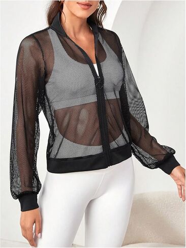 Milumia Women's Zip Up Fishnet Sheer Long Sleeve Stand Collar Short Bomber Jacket in Saudi Arabia