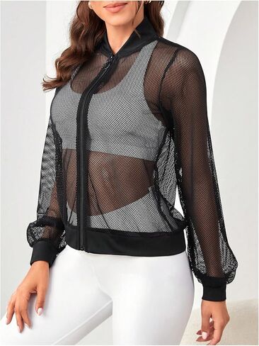 Milumia Women's Zip Up Fishnet Sheer Long Sleeve Stand Collar Short Bomber Jacket in Saudi Arabia