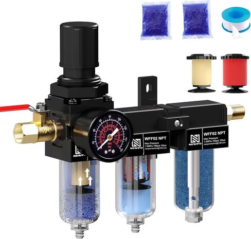 NEWPO 1/4 Inch NPT Three Stage Air Drying System,air Pressure Regulator with 5＆0.01 Micron Filter Cartridge，Desiccant Dryer & Air Regulator, Metal Bowl Manual Drainage-Black in Saudi Arabia