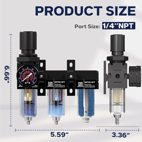 NEWPO 1/4 Inch NPT Three Stage Air Drying System,air Pressure Regulator with 5＆0.01 Micron Filter Cartridge，Desiccant Dryer & Air Regulator, Metal Bowl Manual Drainage-Black in Saudi Arabia