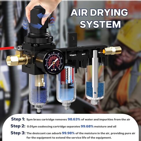 NEWPO 1/4 Inch NPT Three Stage Air Drying System,air Pressure Regulator with 5＆0.01 Micron Filter Cartridge，Desiccant Dryer & Air Regulator, Metal Bowl Manual Drainage-Black in Saudi Arabia
