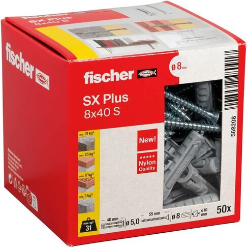 fischer 568208 Expansion SX Plus S, Box of 50 Nylon Matching Screws, dowels for Optimal Hold When Fixing, Solid, aerated Concrete, Perforated Bricks and Much, Standard, 8 x 40 mit Schraube in Saudi Arabia