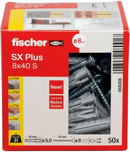 fischer 568208 Expansion SX Plus S, Box of 50 Nylon Matching Screws, dowels for Optimal Hold When Fixing, Solid, aerated Concrete, Perforated Bricks and Much, Standard, 8 x 40 mit Schraube in Saudi Arabia