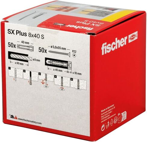 fischer 568208 Expansion SX Plus S, Box of 50 Nylon Matching Screws, dowels for Optimal Hold When Fixing, Solid, aerated Concrete, Perforated Bricks and Much, Standard, 8 x 40 mit Schraube in Saudi Arabia