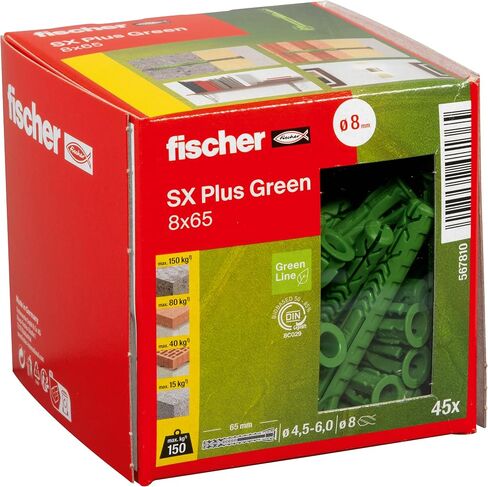 Fischer 567810 التوسع SX Plus Green 8 × 65 ، مربع من 45 من الأدوات التي تميل مستدامة ، مصنوعة من مواد خام متجددة ، الحجز الأمثل ، الخرسانة الصلبة ، الطوب المثقبة ، والكثير ، Greenline in Kuwait