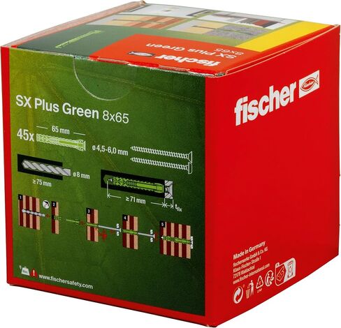 Fischer 567810 التوسع SX Plus Green 8 × 65 ، مربع من 45 من الأدوات التي تميل مستدامة ، مصنوعة من مواد خام متجددة ، الحجز الأمثل ، الخرسانة الصلبة ، الطوب المثقبة ، والكثير ، Greenline in Kuwait