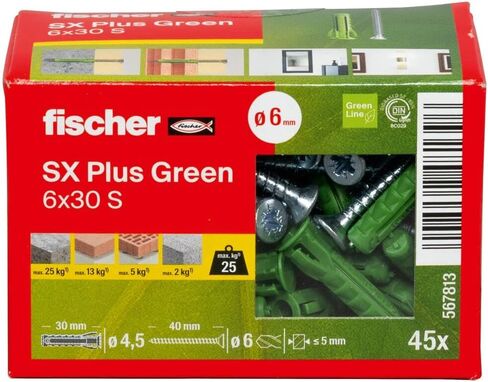 fischer 568208 Expansion SX Plus S, Box of 50 Nylon Matching Screws, dowels for Optimal Hold When Fixing, Solid, aerated Concrete, Perforated Bricks and Much, Standard, 8 x 40 mit Schraube in Saudi Arabia