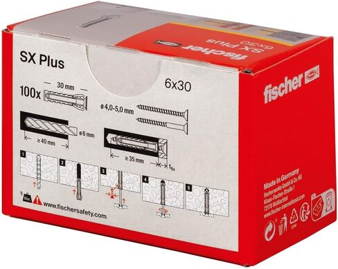 fischer 568208 Expansion SX Plus S, Box of 50 Nylon Matching Screws, dowels for Optimal Hold When Fixing, Solid, aerated Concrete, Perforated Bricks and Much, Standard, 8 x 40 mit Schraube in Saudi Arabia