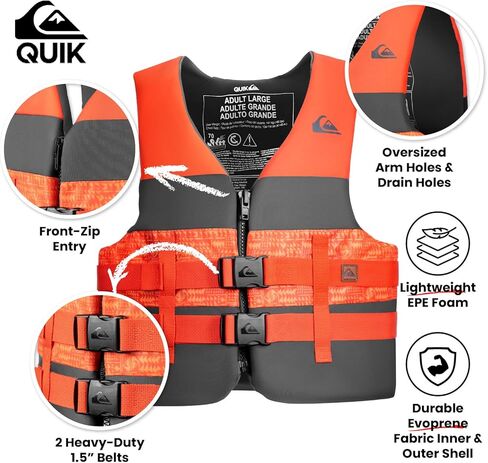 QUIKSILVER USCG Approved Men's Life Jacket, Lightweight EPE Foam Life Vest with Quick-Release Buckles and Drain Holes, PFD for Fishing, Boating, Kayaking, Watersports in Saudi Arabia
