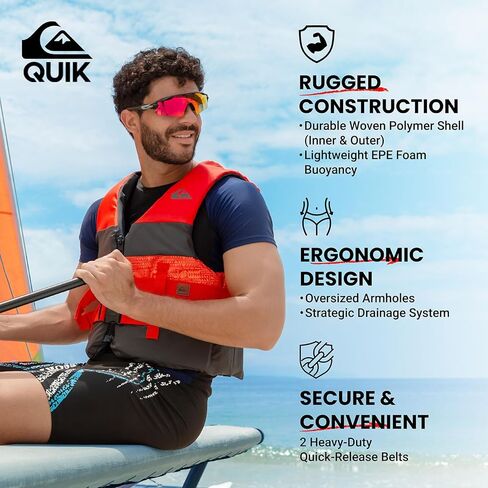 QUIKSILVER USCG Approved Men's Life Jacket, Lightweight EPE Foam Life Vest with Quick-Release Buckles and Drain Holes, PFD for Fishing, Boating, Kayaking, Watersports in Saudi Arabia
