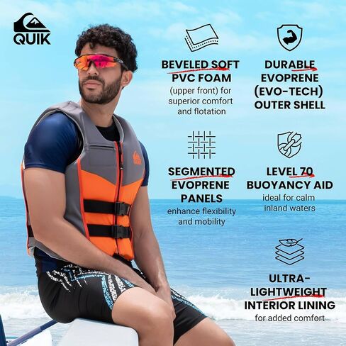 QUIKSILVER Men's Life Vest, USCG and Transport Canada Approved Evoprene PFD, Personal Flotation Device Level 70 Buoyancy Aid for Boating Fishing Kayaking Water Sports in Saudi Arabia