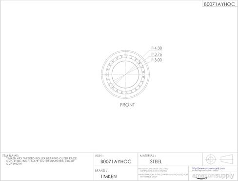 Timken 493 Tapered Roller Bearing Outer Race Cup, Steel, Inch, 5.375" Outer Diameter, 0.8750" Cup Width in Saudi Arabia