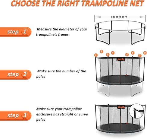 قفز 10/12/14ft net trampoline (صافي فقط) ، حاوية أمان استبدال الترامبولين ، تناسب 8/6 أعمدة مستديرة من الإطار الترامبولين ، وملحقات الترامبولين القابلة للتنفس والمقاومة للطقس مع الأشرطة القابلة للتعديل in Kuwait