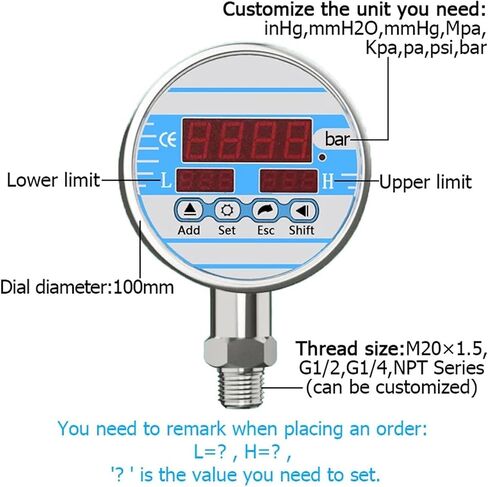 Electric Contact Pressure Gauge Measuring Water Oil Pressure Sensor NO NC Output 24VDC Upper and Lower Limit Control Witch(M16-1.5,0-1000bar) in Saudi Arabia