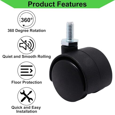 1 Inch Stem Swivel Casters Set of 4, M6 Threaded Stem Swivel Caster Wheels, 360° Rotation Heavy Duty Replacement Castors for Furniture Table Drawer Cabinet Plant Shelf Chair Wheels (Black) in Kuwait