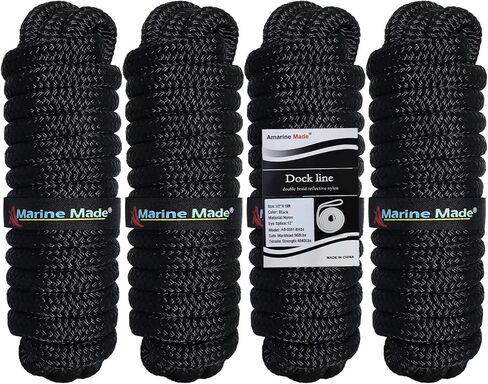 Amarine Made 1/2" X 15’ Dock Lines, 4pcs Boat Dock Lines, 12" Eyelet Boat Ropes with Loop, Boat Rope Docking 968lbs Working Load, Nylon Dock Line with 4840lbs Strength, Boat Ropes for Docking, Black in Saudi Arabia