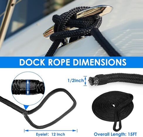 Amarine Made 1/2" X 15’ Dock Lines, 4pcs Boat Dock Lines, 12" Eyelet Boat Ropes with Loop, Boat Rope Docking 968lbs Working Load, Nylon Dock Line with 4840lbs Strength, Boat Ropes for Docking, Black in Saudi Arabia