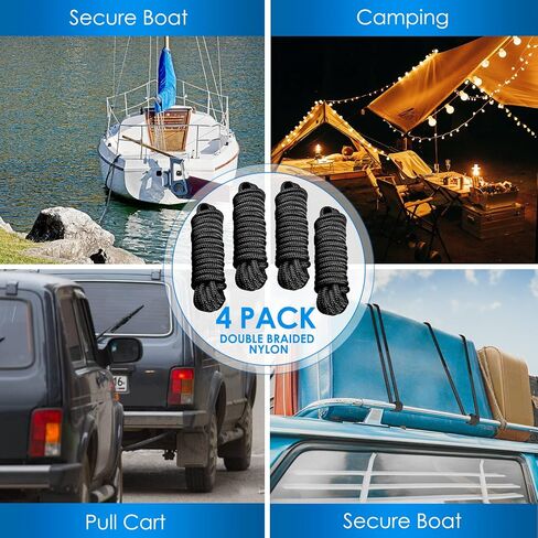 Amarine Made 1/2" X 15’ Dock Lines, 4pcs Boat Dock Lines, 12" Eyelet Boat Ropes with Loop, Boat Rope Docking 968lbs Working Load, Nylon Dock Line with 4840lbs Strength, Boat Ropes for Docking, Black in Saudi Arabia