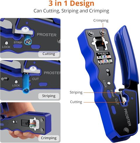 PROSTER RJ45 TOURN CRREM - أداة القطع المتطرفة لجريمة RJ45 CAT5 CAT5 CAT5E PASS -THRU مع 50PCS CAT6 تمريرة من خلال أغطية الموصلات وأغلفة الحماية ، 1 مساءً سلكي سلك in Kuwait