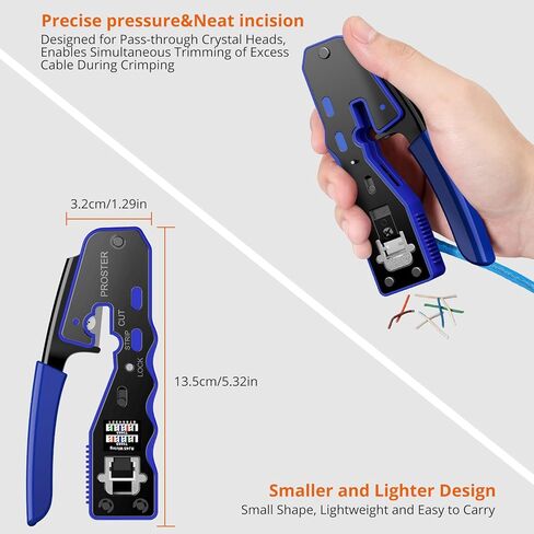 PROSTER RJ45 TOURN CRREM - أداة القطع المتطرفة لجريمة RJ45 CAT5 CAT5 CAT5E PASS -THRU مع 50PCS CAT6 تمريرة من خلال أغطية الموصلات وأغلفة الحماية ، 1 مساءً سلكي سلك in Kuwait