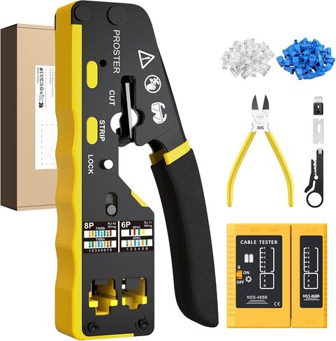 Proster RJ45 Crimper Tool - Stripper Cutter Crimper Tool for RJ45 Cat6 Cat5 Cat5e Pass-Thru Connectors with 50pcs Cat6 Pass Through Connectors & Protection Covers, 1pcs Wire Stripper in Saudi Arabia
