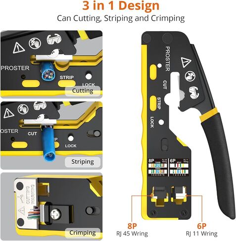 Proster RJ45 Crimper Tool - Stripper Cutter Crimper Tool for RJ45 Cat6 Cat5 Cat5e Pass-Thru Connectors with 50pcs Cat6 Pass Through Connectors & Protection Covers, 1pcs Wire Stripper in Saudi Arabia