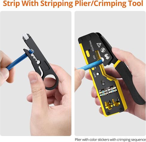 Proster RJ45 Crimper Tool - Stripper Cutter Crimper Tool for RJ45 Cat6 Cat5 Cat5e Pass-Thru Connectors with 50pcs Cat6 Pass Through Connectors & Protection Covers, 1pcs Wire Stripper in Saudi Arabia